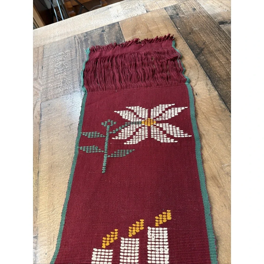 Vintage Christmas Woven Folk Art Table Runner Red‎ Green Poinsettia Candle 9x74
